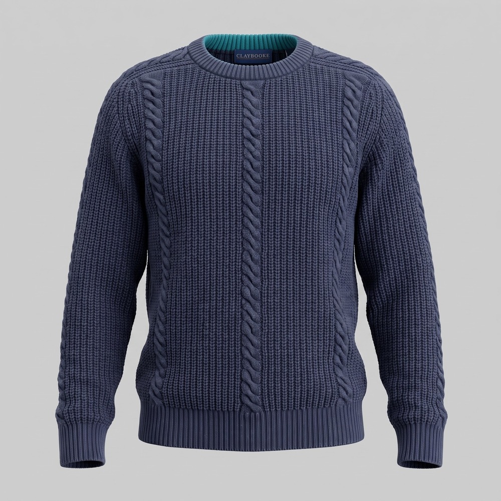Claybrooke Mens Medium Navy Blue Cotton Sweater Cable Knit Crew Neck Long Sleeve